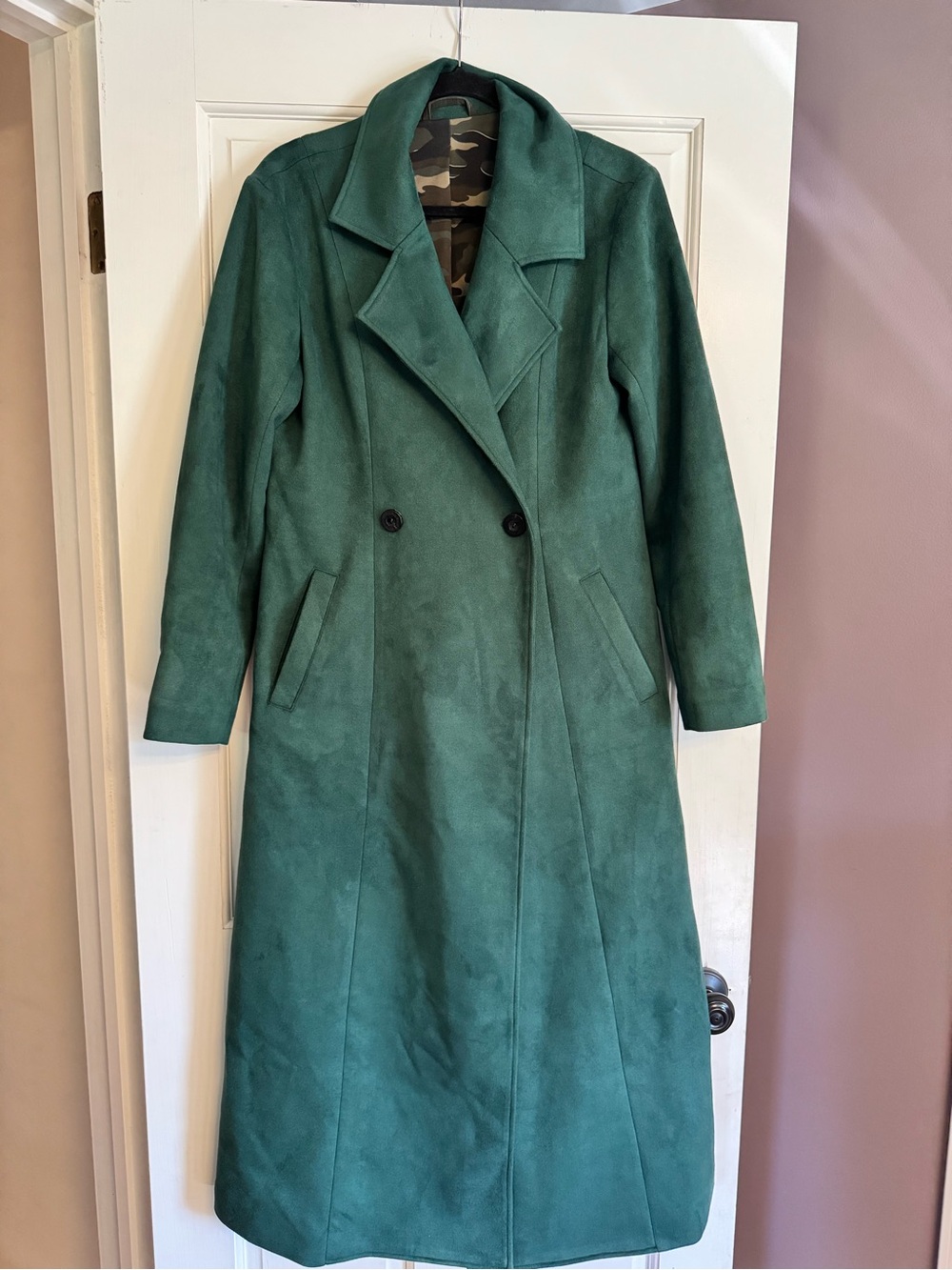 Yvette Libby N'guyen Paris Green Faux Suede Long Coat Camo Lined medium